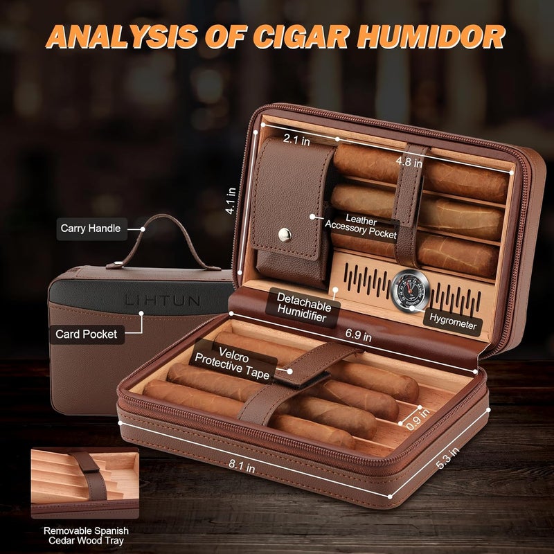 LIHTUN Cigar Humidor, Leather Cedar Wood Travel Cigar Case and Multifunctional in 1 Cigar Lighter Set Portable Travel Humidor Box Cigar Gift for Men (Brown) - Image 2